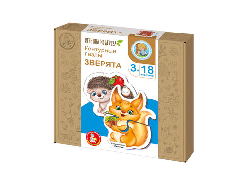 Пазлы из дерева. Контурные пазлы "Зверята" 18 эл
